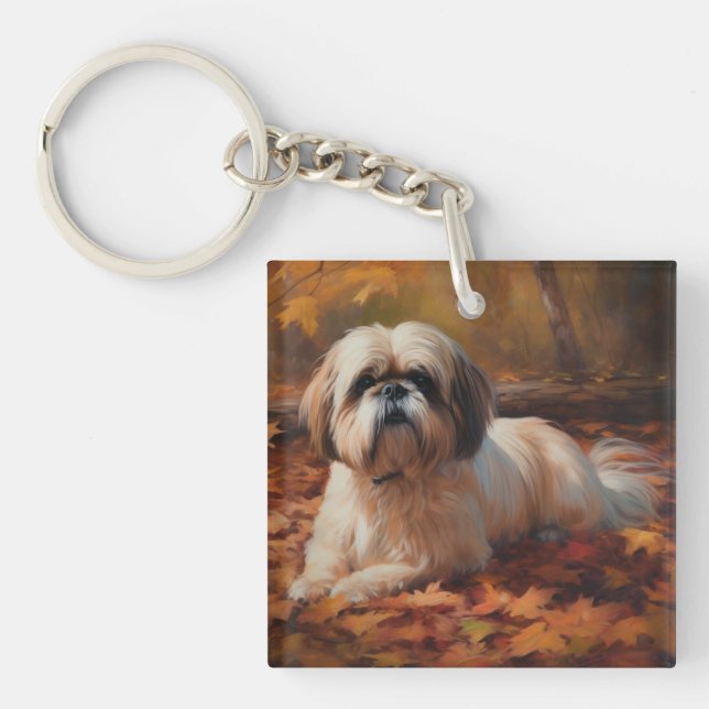 Shih Tzu in Autumn Leaves Fall Inspire Key Ring (Front)