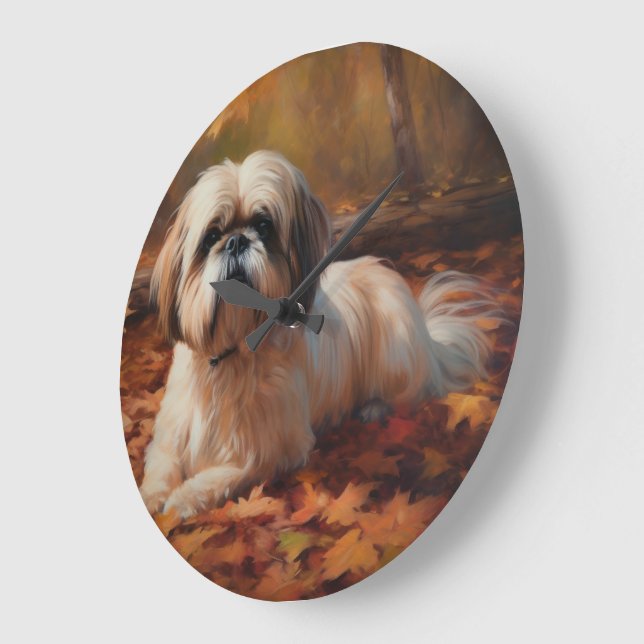 Shih Tzu in Autumn Leaves Fall Inspire Large Clock (Angle)