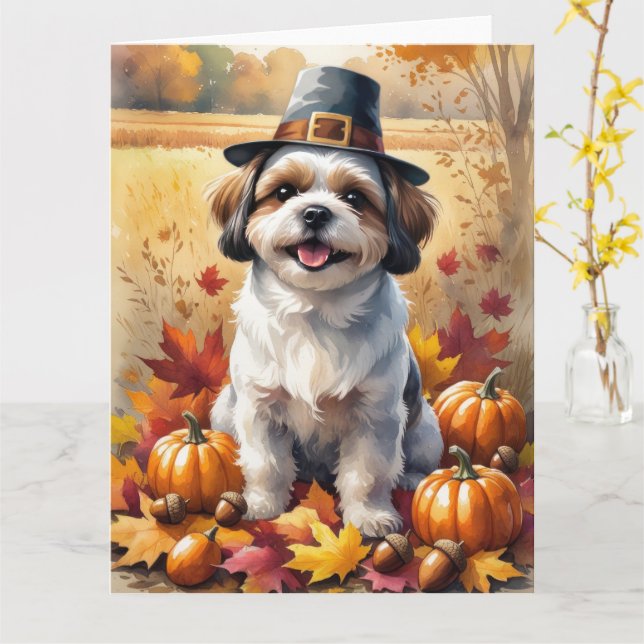 Shih Tzu In Autumn Leaves Thanksgiving Art  Card (Yellow Flower)