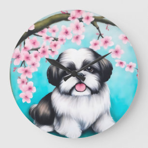 Shih Tzu in Oriental Cherry Blossom Large Clock