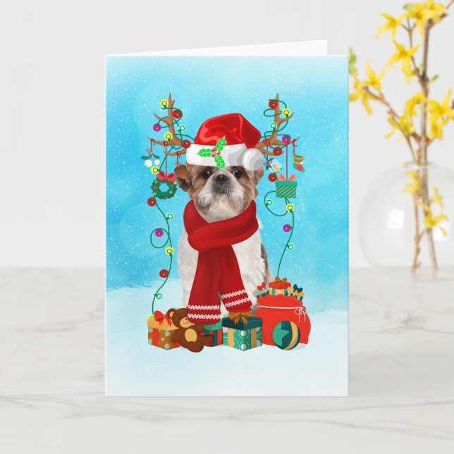 Shih Tzu in snow with Christmas gifts Card (Yellow Flower)
