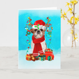 Shih Tzu in snow with Christmas gifts Card