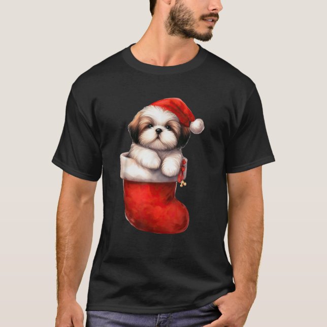Shih Tzu In Sock Christmas Santa Hat Xmas Dog Love T-Shirt (Front)