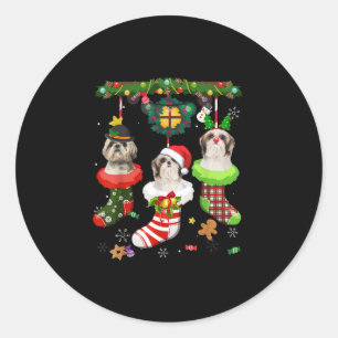 Shih Tzu In Socks Christmas Santa Hat Xmas Lights Classic Round Sticker