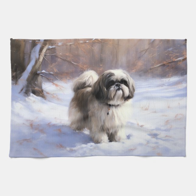 Shih Tzu Let It Snow Christmas  Tea Towel (Horizontal)