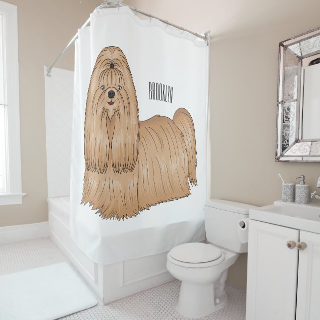 Shih tzu long hair dog cartoon illustration shower curtain (In Situ)
