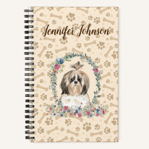 Shih Tzu Long Hair Dog Paw Print & Floral Cute Notebook