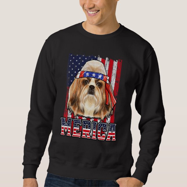 Shih Tzu Merica 4th of July Dog Patriotic Flag Sweatshirt (Front)