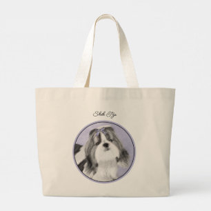 Shih Tzu Painting Black & White Original Dog Art Large Tote Bag