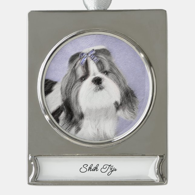Shih Tzu Painting - Cute Original Dog Art Silver P Plated Banner Ornament (Front)