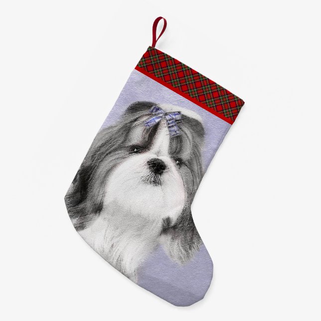 Shih Tzu Painting - Cute Original Dog Art Small Christmas Stocking (Front (Hanging))