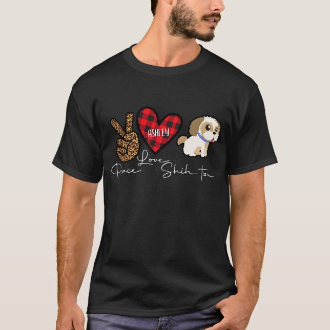 Shih tzu Plaid Peace Love Cute Dog  T-Shirt (Front)