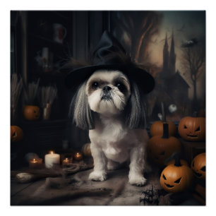 Shih Tzu Pumpkins Halloween Scary  Poster