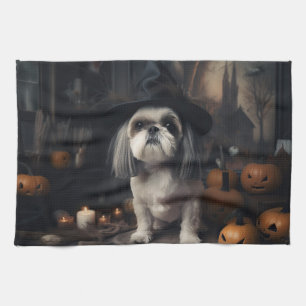 Shih Tzu Pumpkins Halloween Scary  Tea Towel