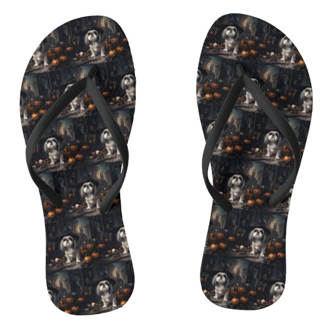 Shih Tzu Pumpkins Halloween Scary  Thongs (Footbed)