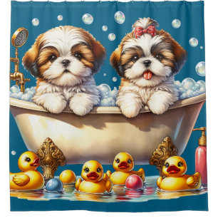 “Shih Tzu Puppies in Bubble Bath" Shower Curtain