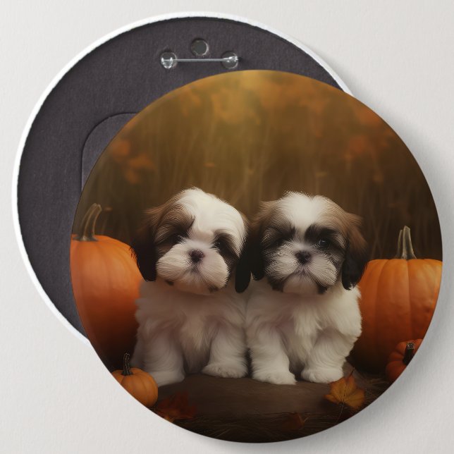Shih Tzu Puppy Autumn Delight Pumpkin  6 Cm Round Badge (Front & Back)