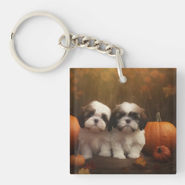 Shih Tzu Puppy Autumn Delight Pumpkin  Key Ring (Front)