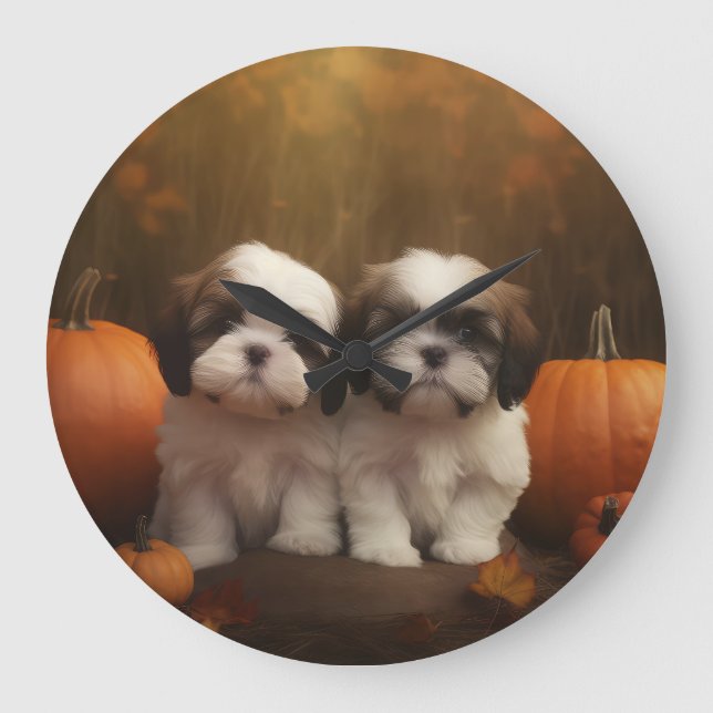 Shih Tzu Puppy Autumn Delight Pumpkin  Large Clock (Front)