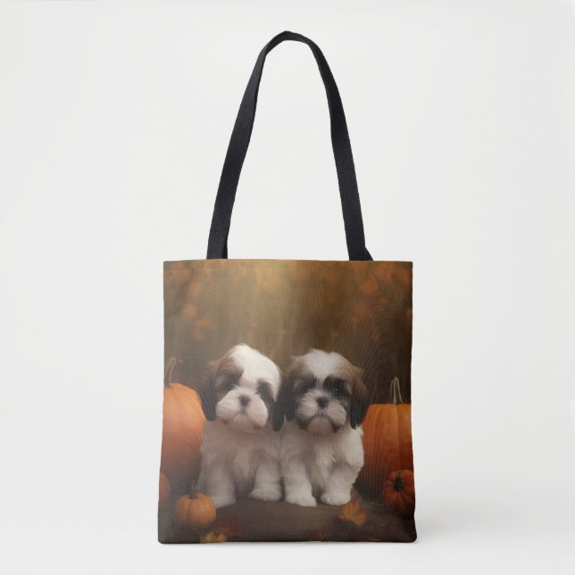 Shih Tzu Puppy Autumn Delight Pumpkin  Tote Bag (Front)