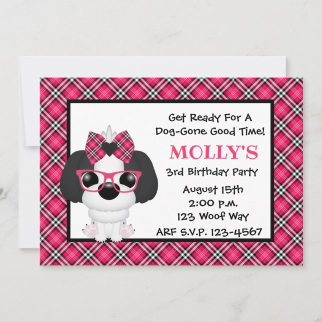 Shih Tzu Puppy Dog Pink Birthday Party Invitations (Front)