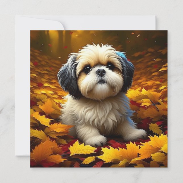 Shih Tzu Puppy Dog Playing in Fall Leaves   (Front)