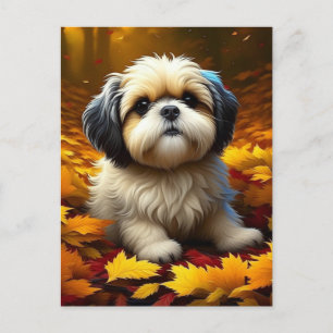 Shih Tzu Puppy Dog Playing in Fall Leaves Postcard