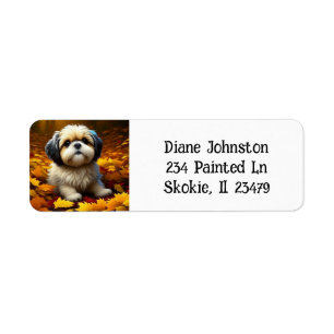Shih Tzu Puppy Dog Playing in Fall Leaves   Return Address Label