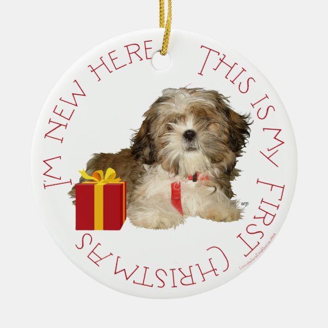Shih Tzu Puppy First Christmas Ceramic Ornament (Front)