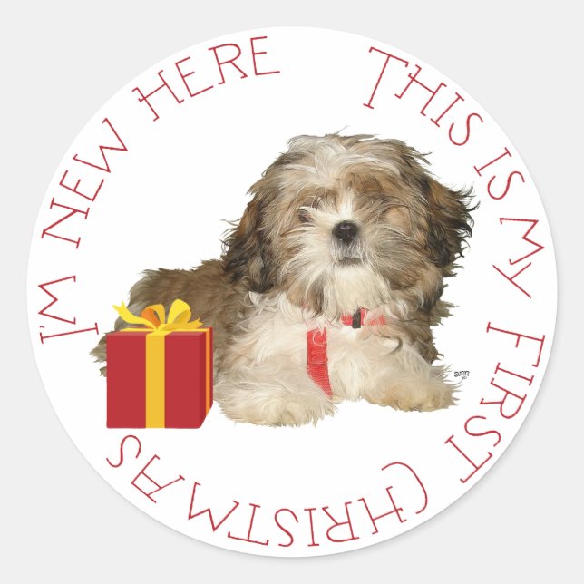 Shih Tzu Puppy First Christmas Classic Round Sticker (Front)
