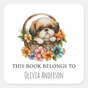 Shih Tzu Puppy in Flower Basket This Book Belongs Square Sticker