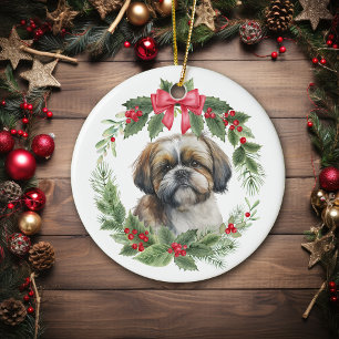Shih Tzu Red Bow Holly Wreath Ceramic Ornament
