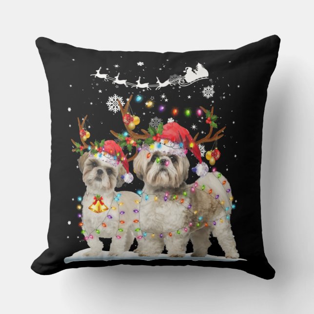 Shih Tzu Reindeer Xmas Light Christmas Ornaments Cushion (Front)