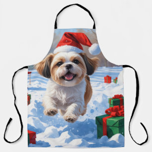 Shih Tzu Running in Snow with Christmas Hat Apron