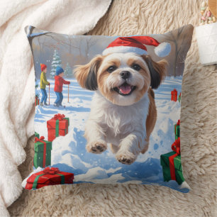 Shih Tzu Running in Snow with Christmas Hat Cushion