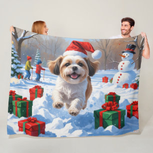 Shih Tzu Running in Snow with Christmas Hat Fleece Blanket