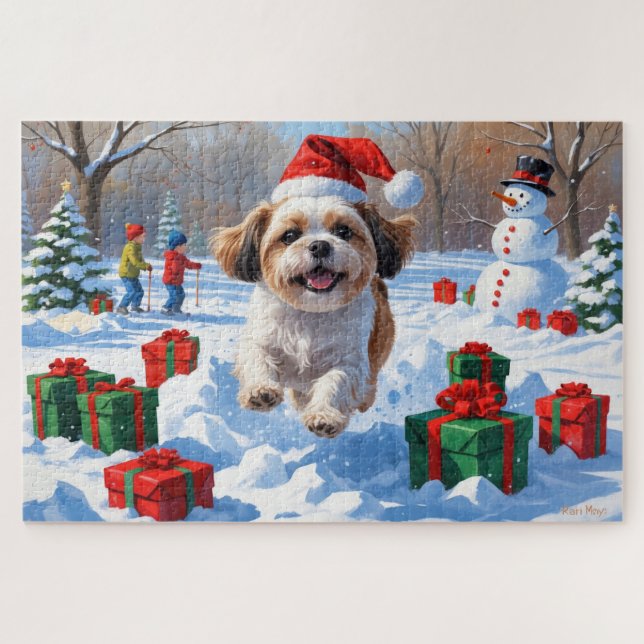 Shih Tzu Running in Snow with Christmas Hat Jigsaw Puzzle (Horizontal)
