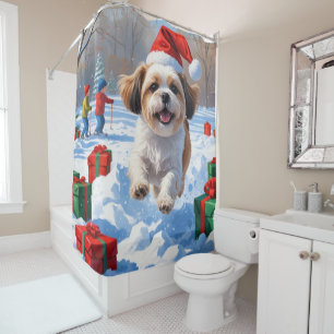 Shih Tzu Running in Snow with Christmas Hat Shower Curtain