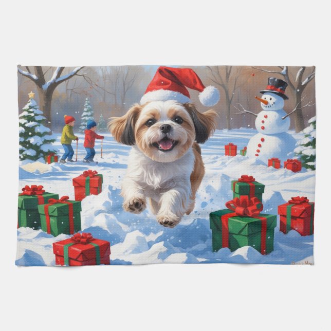 Shih Tzu Running in Snow with Christmas Hat Tea Towel (Horizontal)