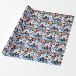 Shih Tzu Running in Snow with Christmas Hat Wrapping Paper