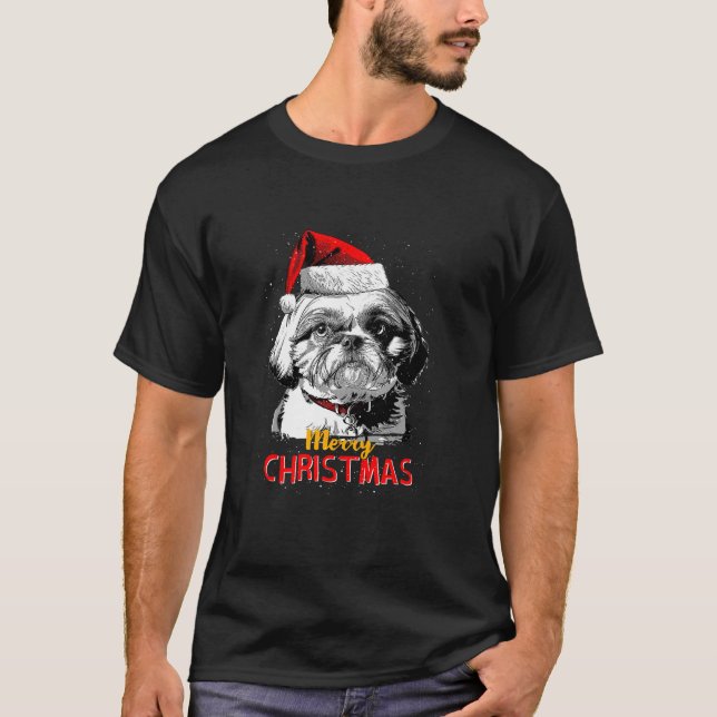Shih Tzu Santa Claus Hat Merry Christmas Dog X Mas T-Shirt (Front)