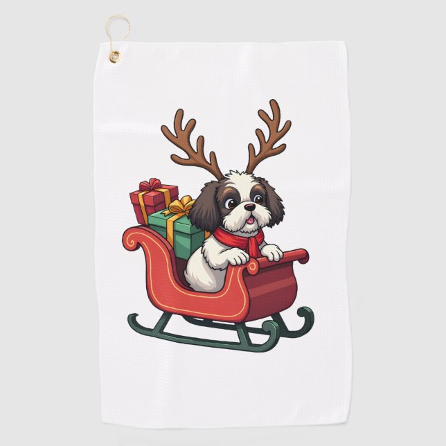Shih Tzu Santa�s Sleigh Ride Golf Towel (Front)
