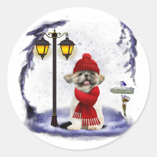 Shih Tzu Santa Snow Christmas Light Winter Gift Classic Round Sticker