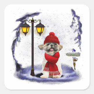 Shih Tzu Santa Snow Christmas Light Winter Gift Square Sticker