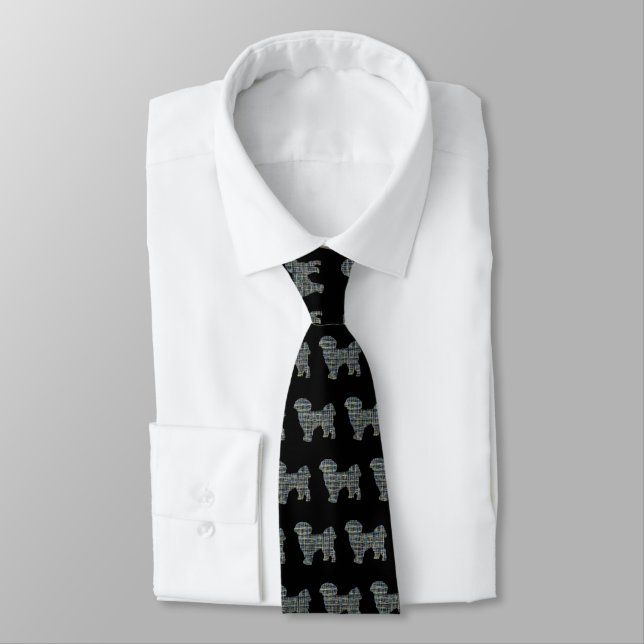Shih Tzu Silhouette Yellow & Black Grid Tie (Tied)