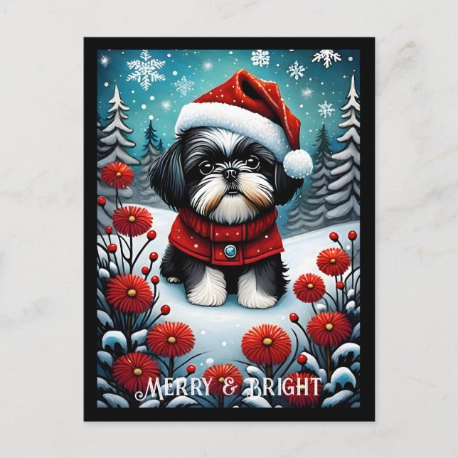 Shih Tzu Snowy Flower Meadow Santa Dog Christmas Postcard (Front)