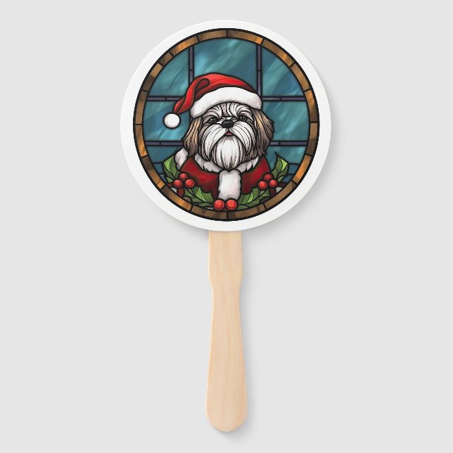 Shih Tzu Stained Glass Christmas Hand Fan (Front)