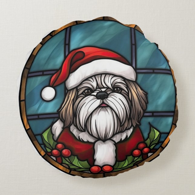 Shih Tzu Stained Glass Christmas Round Cushion (Back)