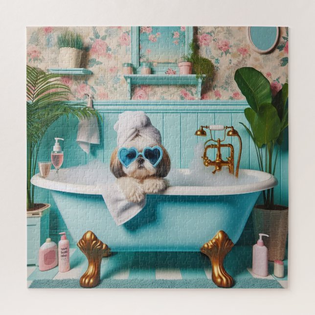Shih Tzu taking a Bubble Bath Jigsaw Puzzle (Vertical)