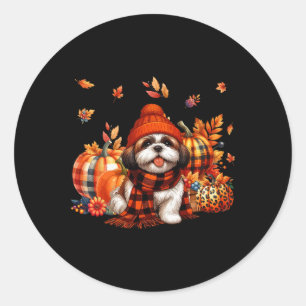 Shih Tzu Thanksgiving Leopard Pumpkins Fall Leaves Classic Round Sticker